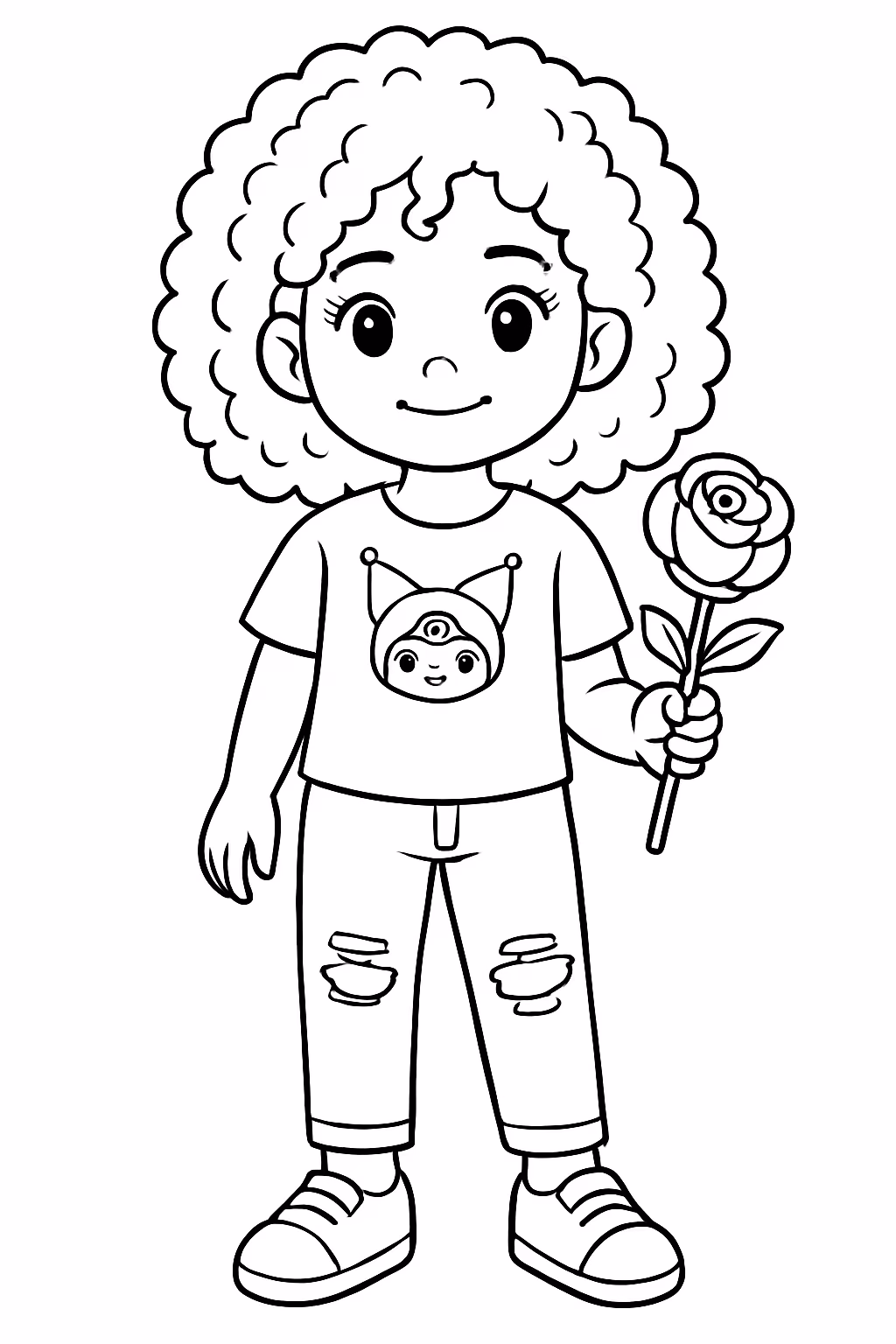 Uma menina de cabelo cacheado com a blusa da kuromi para colorir — desenho para imprimir