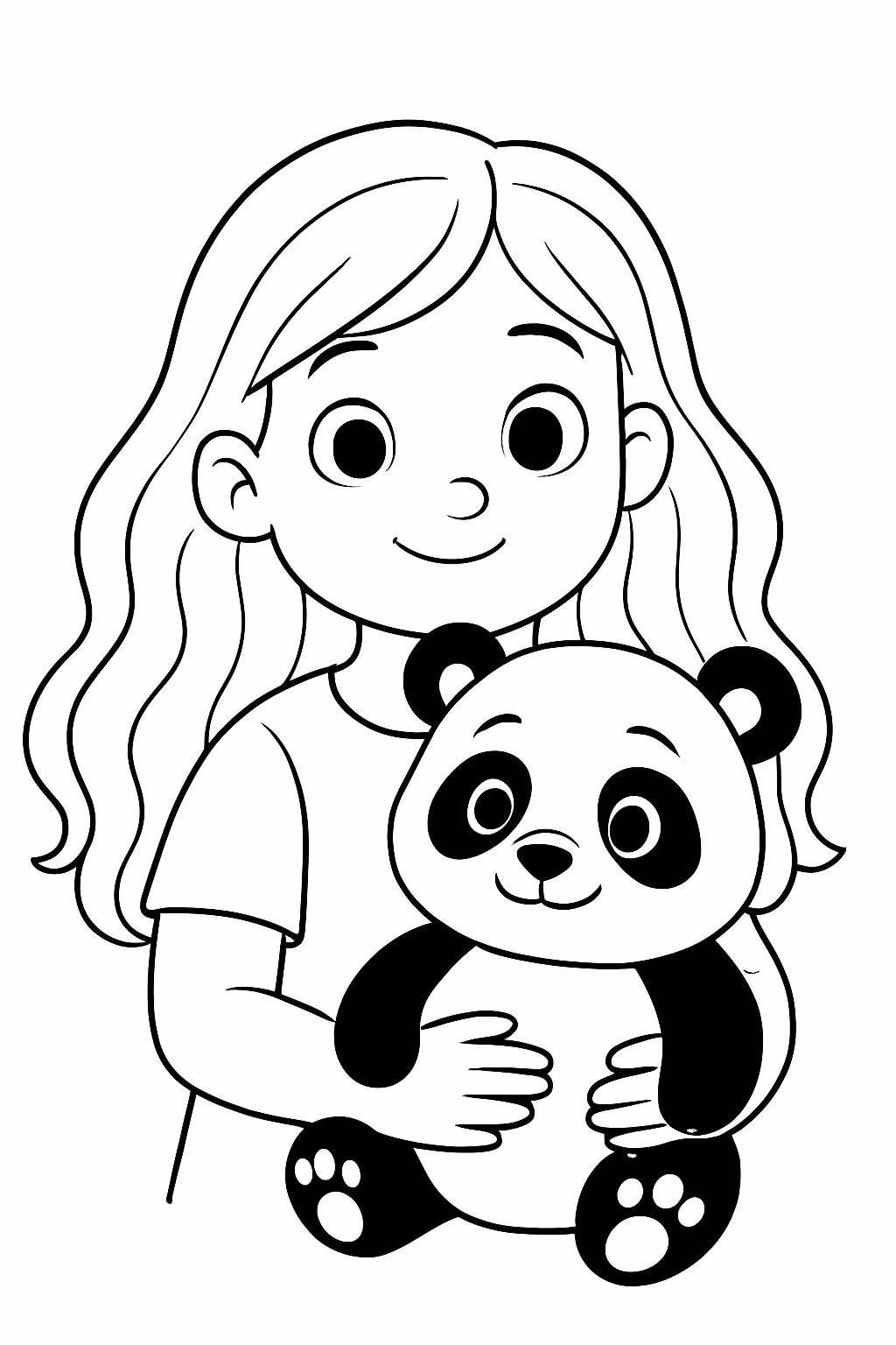 Uma menina de cabelo solto com um panda fofo para colorir — desenho para imprimir