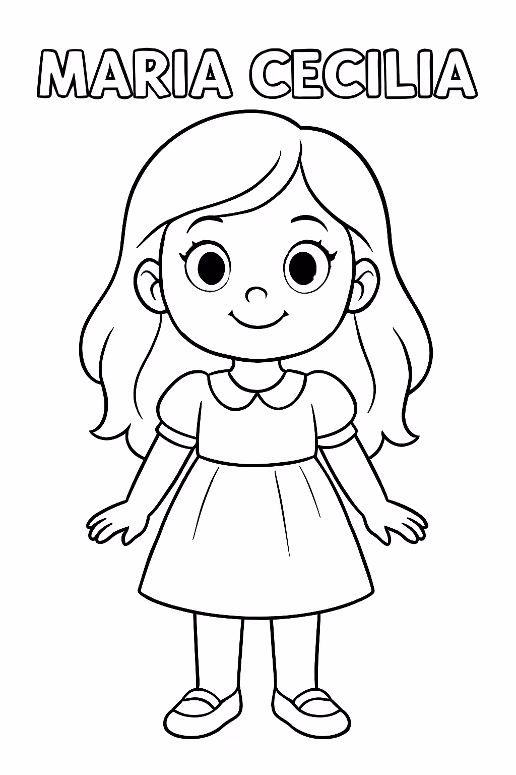 Uma menina de cabelo solto com um vestido e em para colorir — desenho para imprimir
