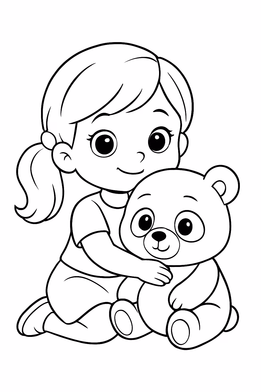 Uma menina fofa com um panda super fofo para colorir — desenho para imprimir