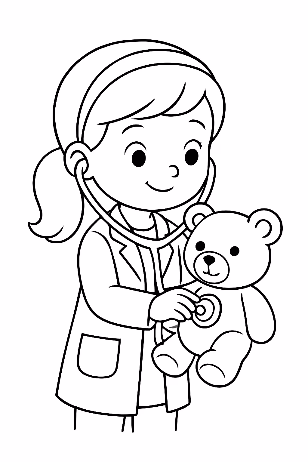 Uma menina medica escutando o coracao de um ursinho para colorir — desenho para imprimir