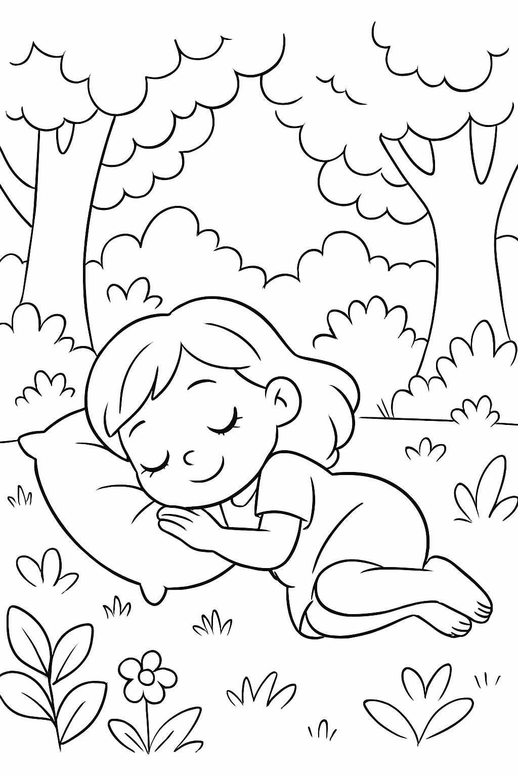 Uma menina na floresta dormindo com um travesseiro para colorir — desenho para imprimir