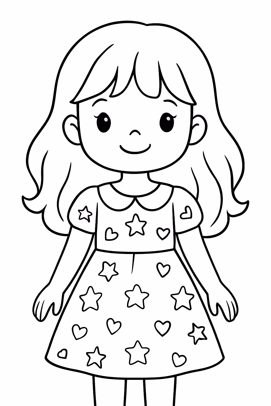 Uma menina super fofa de cabelo solto com franja e para colorir — desenho para imprimir
