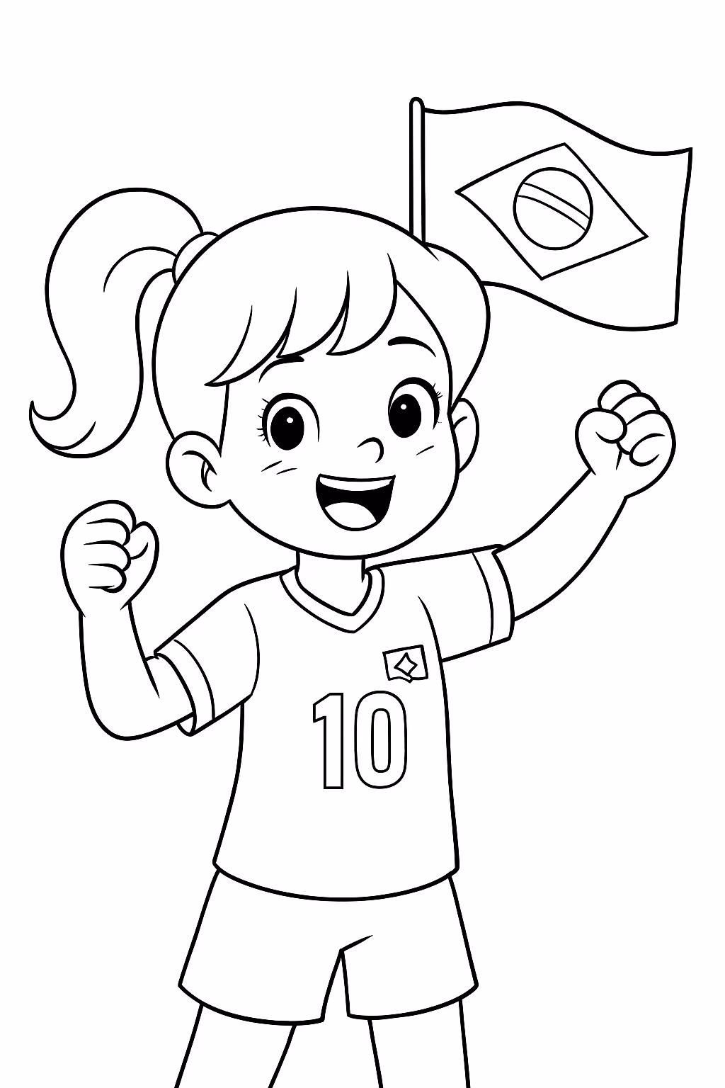 Uma menina torcendo pelo brasil com a camisa para colorir — desenho para imprimir