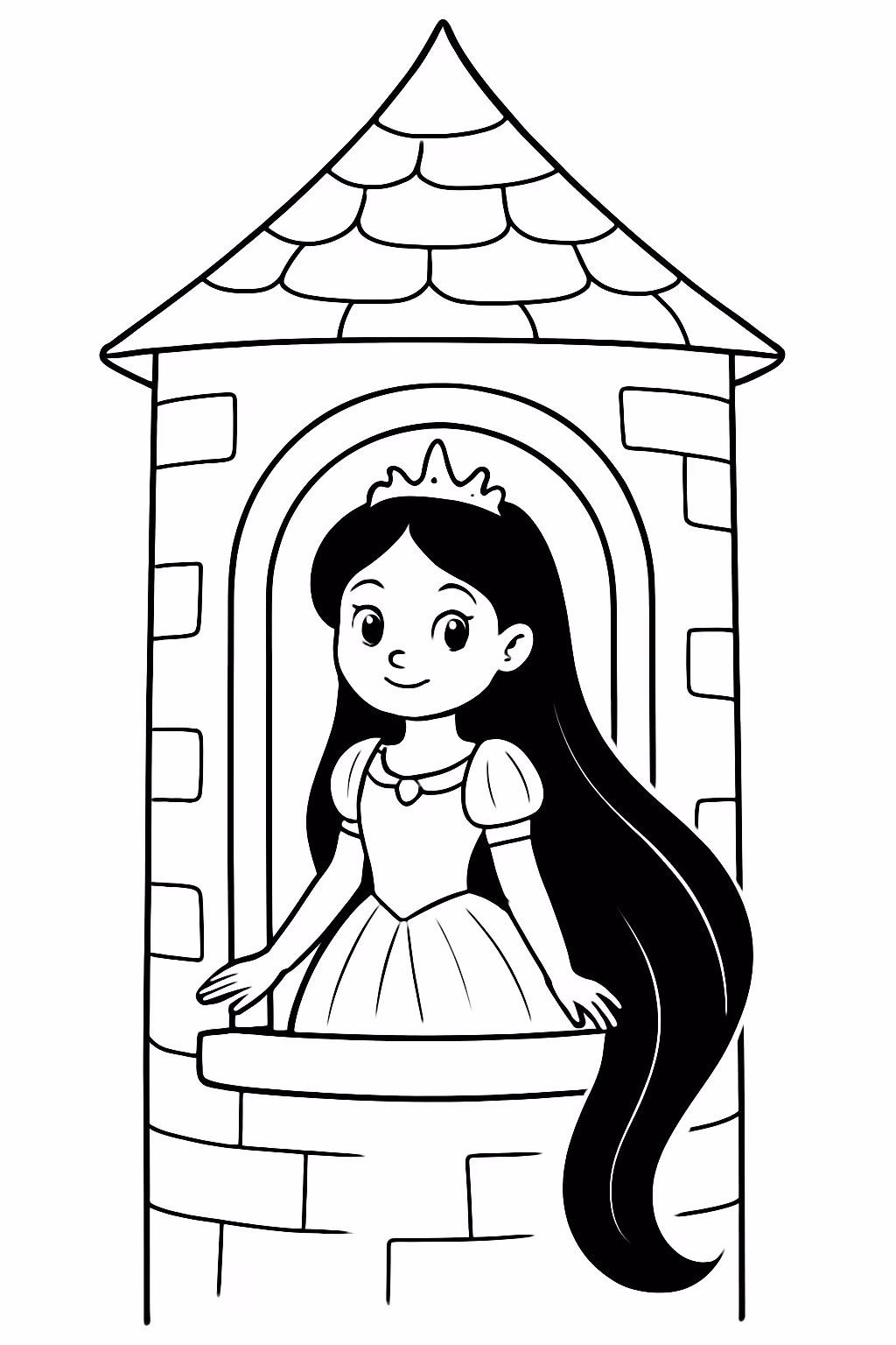 Uma menina vestida de rapunzel com os cabelos pretos na para colorir — desenho para imprimir