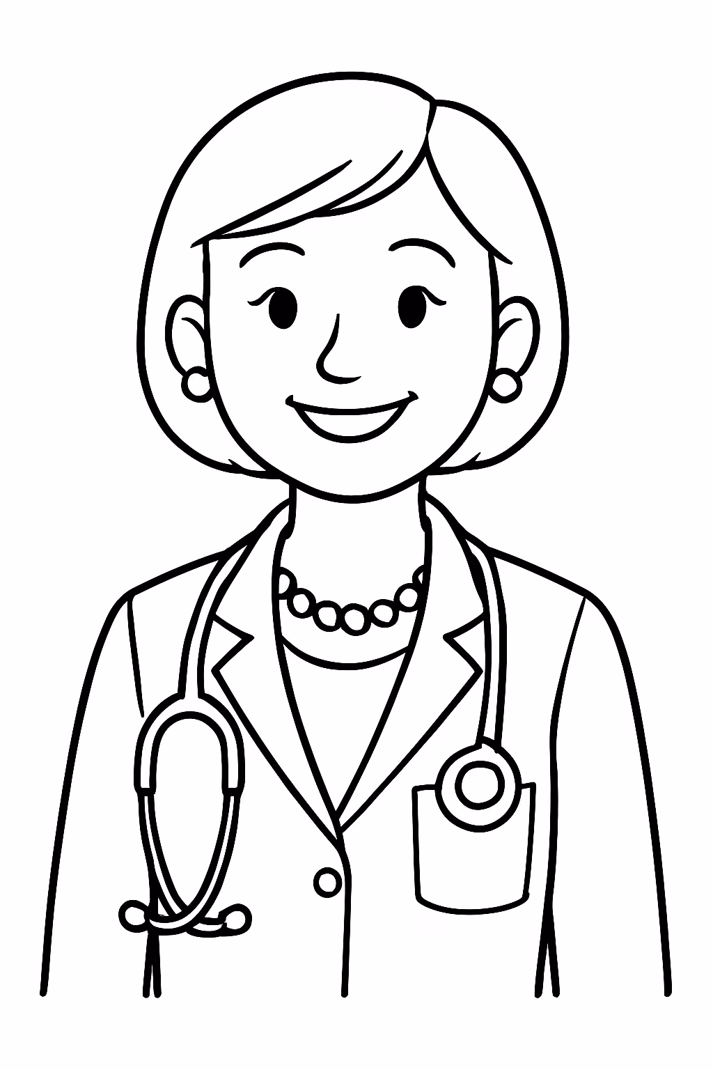 Uma mulher medica com cabelo curtinho liso sorridente com brinco para colorir — desenho para imprimir