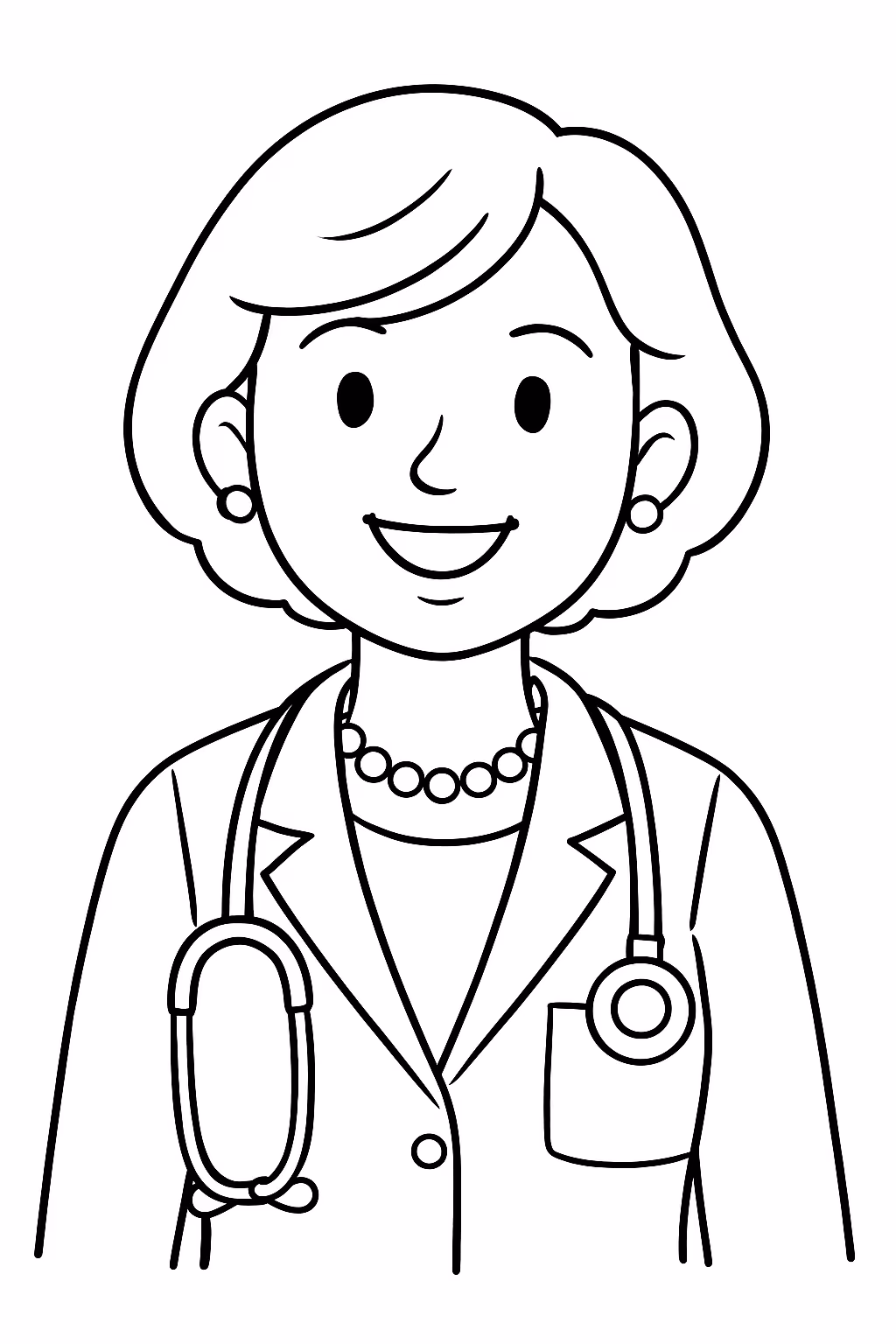 Uma mulher medica com cabelo curtinho sorridente com brinco tipo para colorir — desenho para imprimir