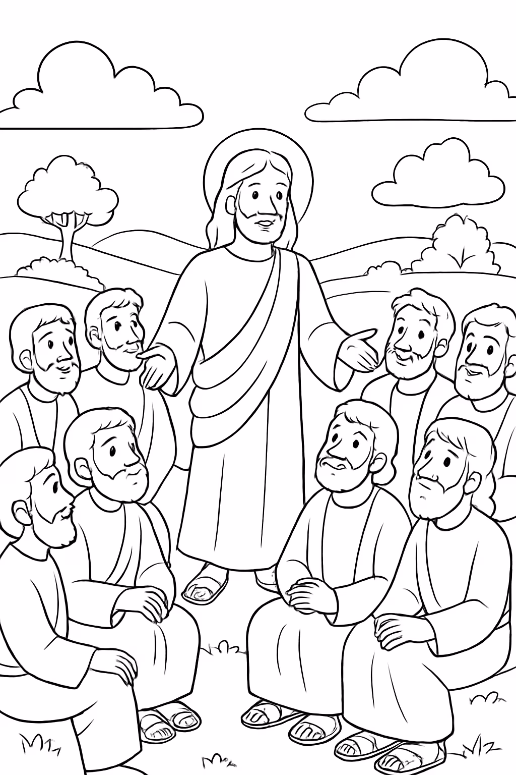 Uma paisagem de jesus com os apostolos para colorir — desenho para imprimir