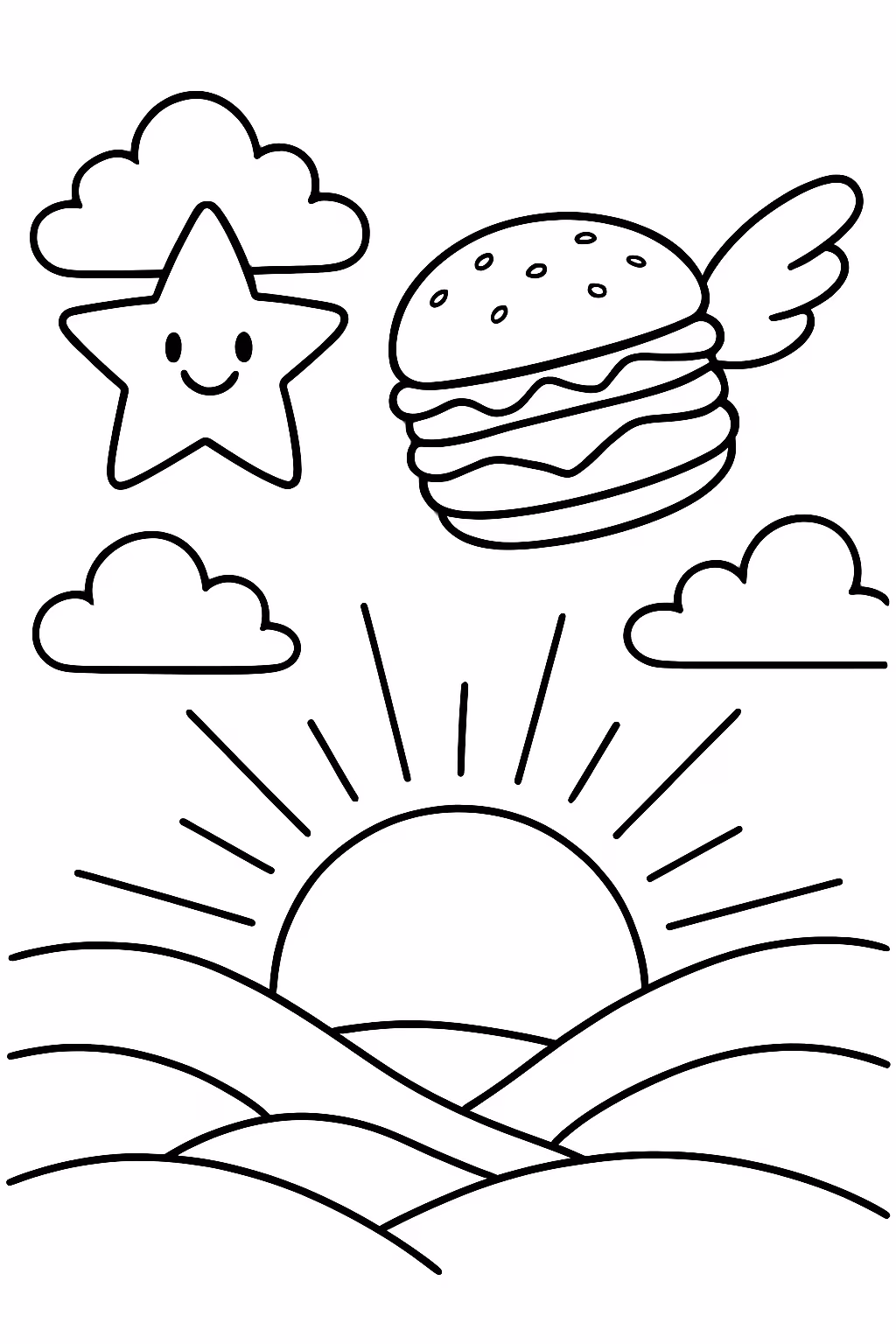 Uma paisagem de por do sol com uma estrela e para colorir — desenho para imprimir