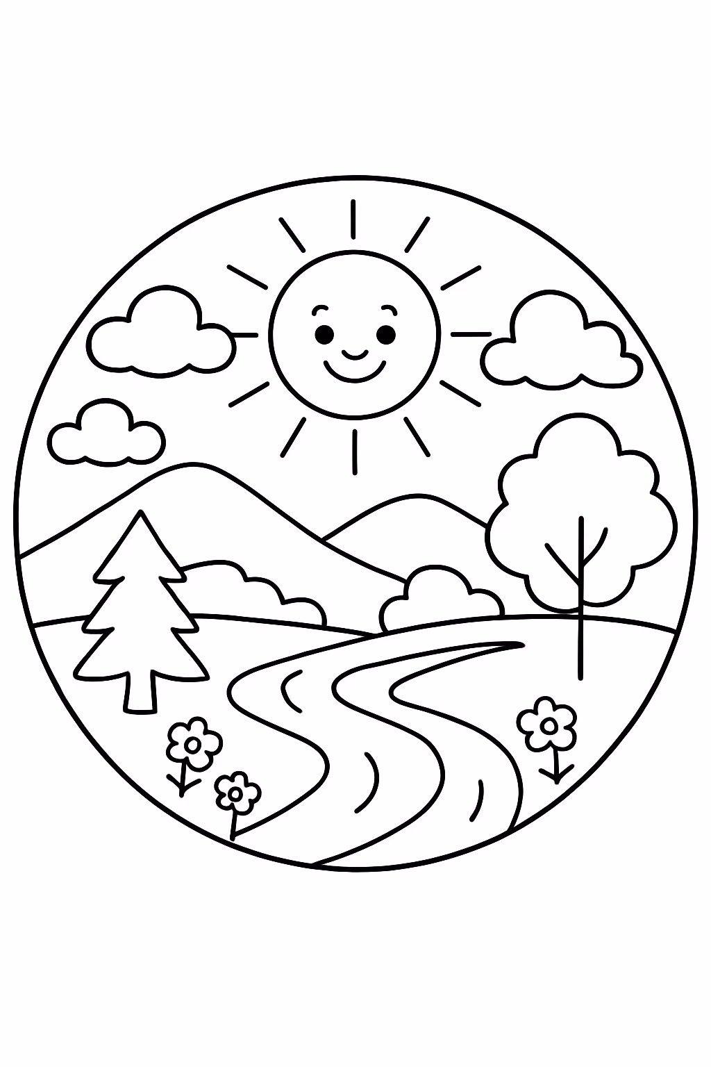 Uma paisagem dentro de um circulo para colorir — desenho para imprimir