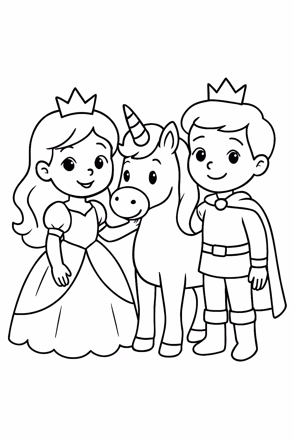 Uma princesa com um principe e um unicornio para colorir — desenho para imprimir