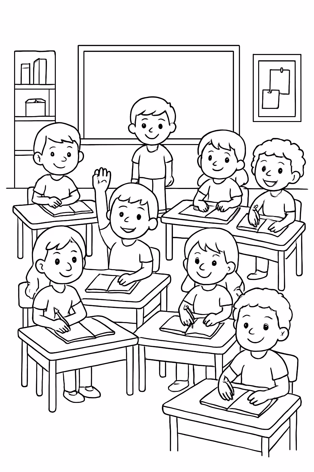 Uma sala de aula de criancas com meninas e meninos para colorir — desenho para imprimir