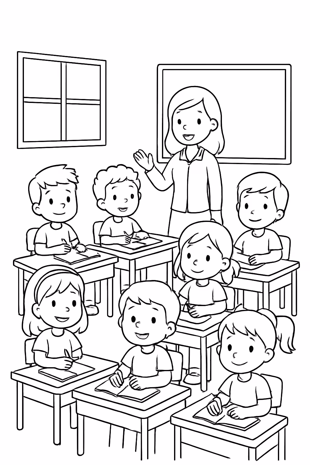Uma sala de aula de criancas com meninas e meninos para colorir — desenho para imprimir