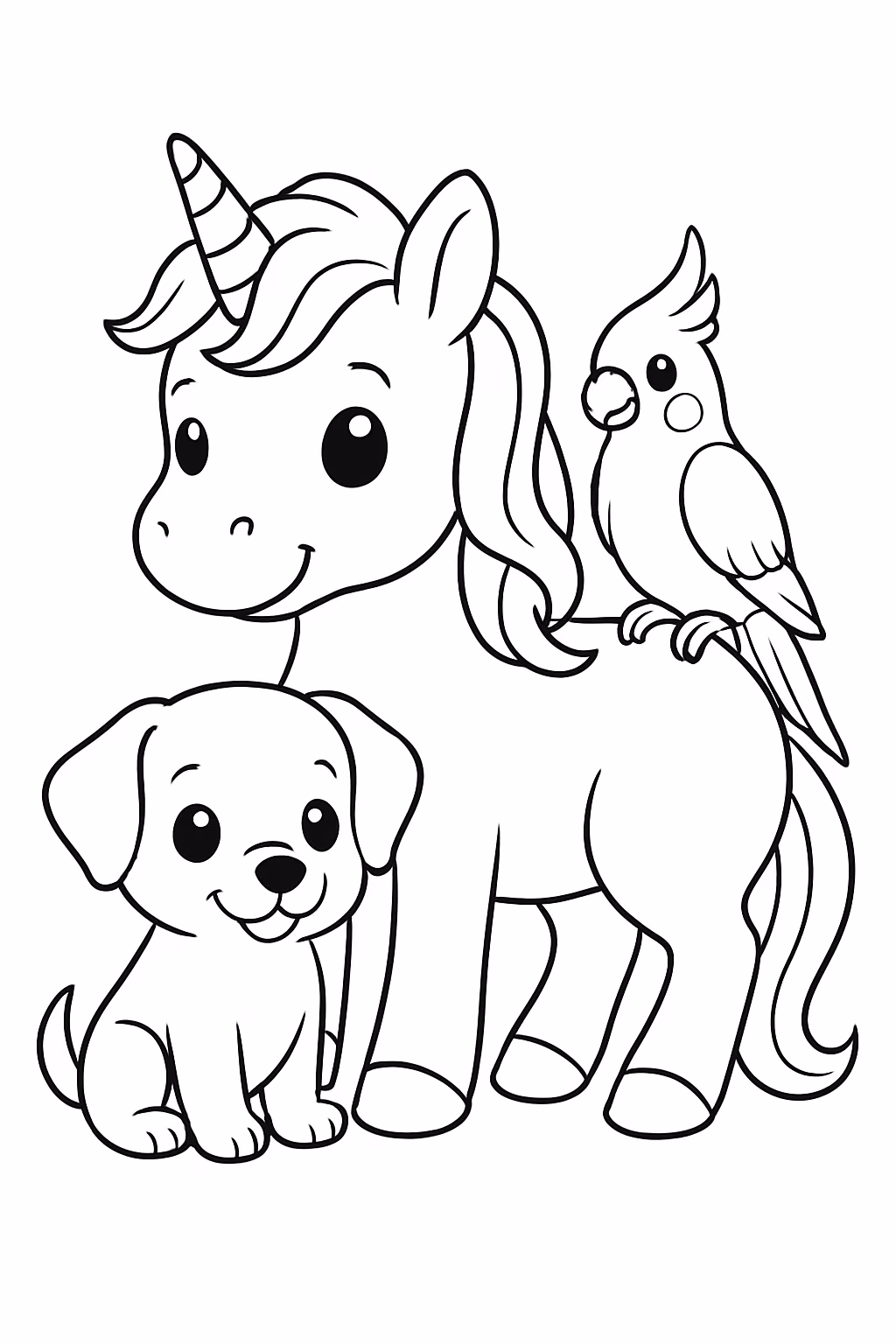 Unicornio cachorro e calopsita fofos com a rumi de huntrix para colorir — desenho para imprimir