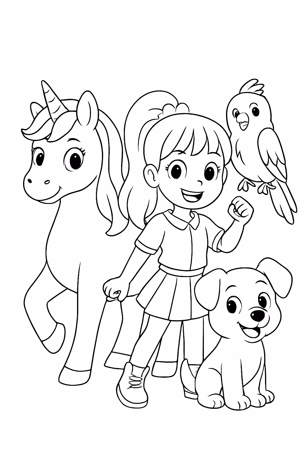 Unicornio cachorro e calopsita fofos com as guerreiras do kpop para colorir — desenho para imprimir