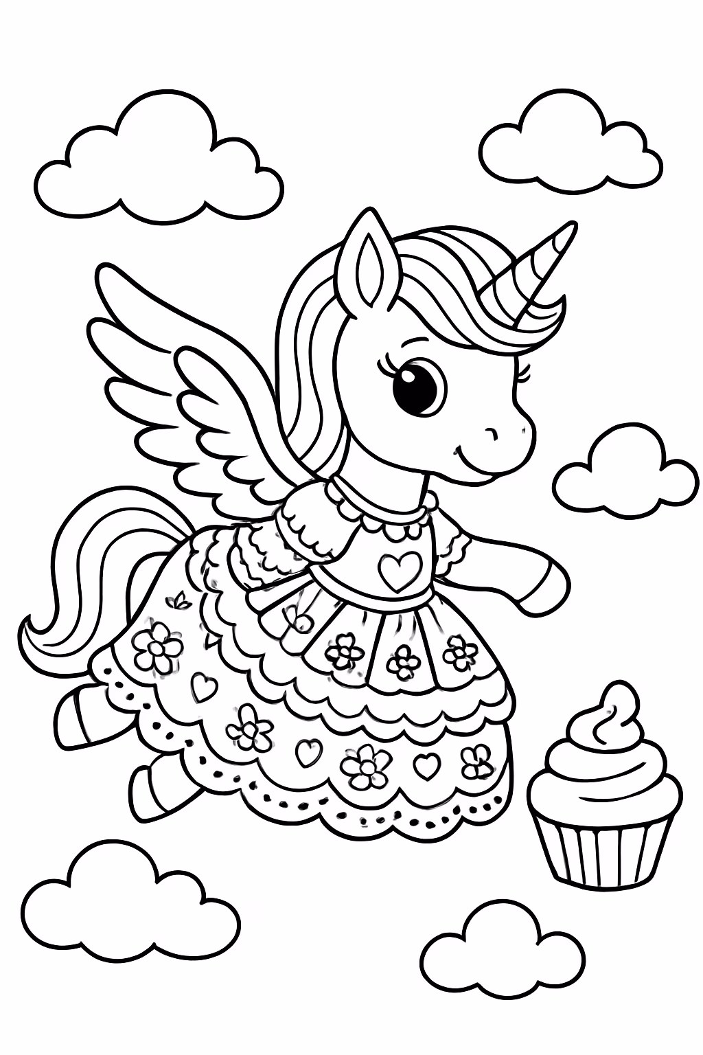 Unicornio de vestido cheio de detalhes voando pelo ceu e para colorir — desenho para imprimir