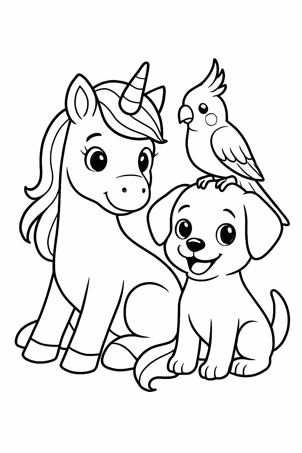 Unicornio e cachorro e calopsita fofos para colorir — desenho para imprimir