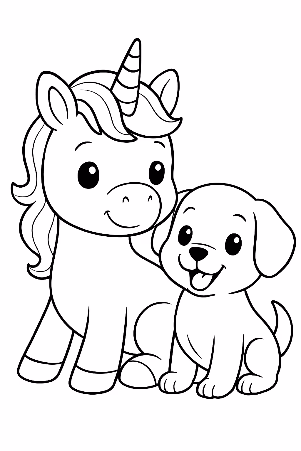 Unicornio e cachorro fofos para colorir — desenho para imprimir