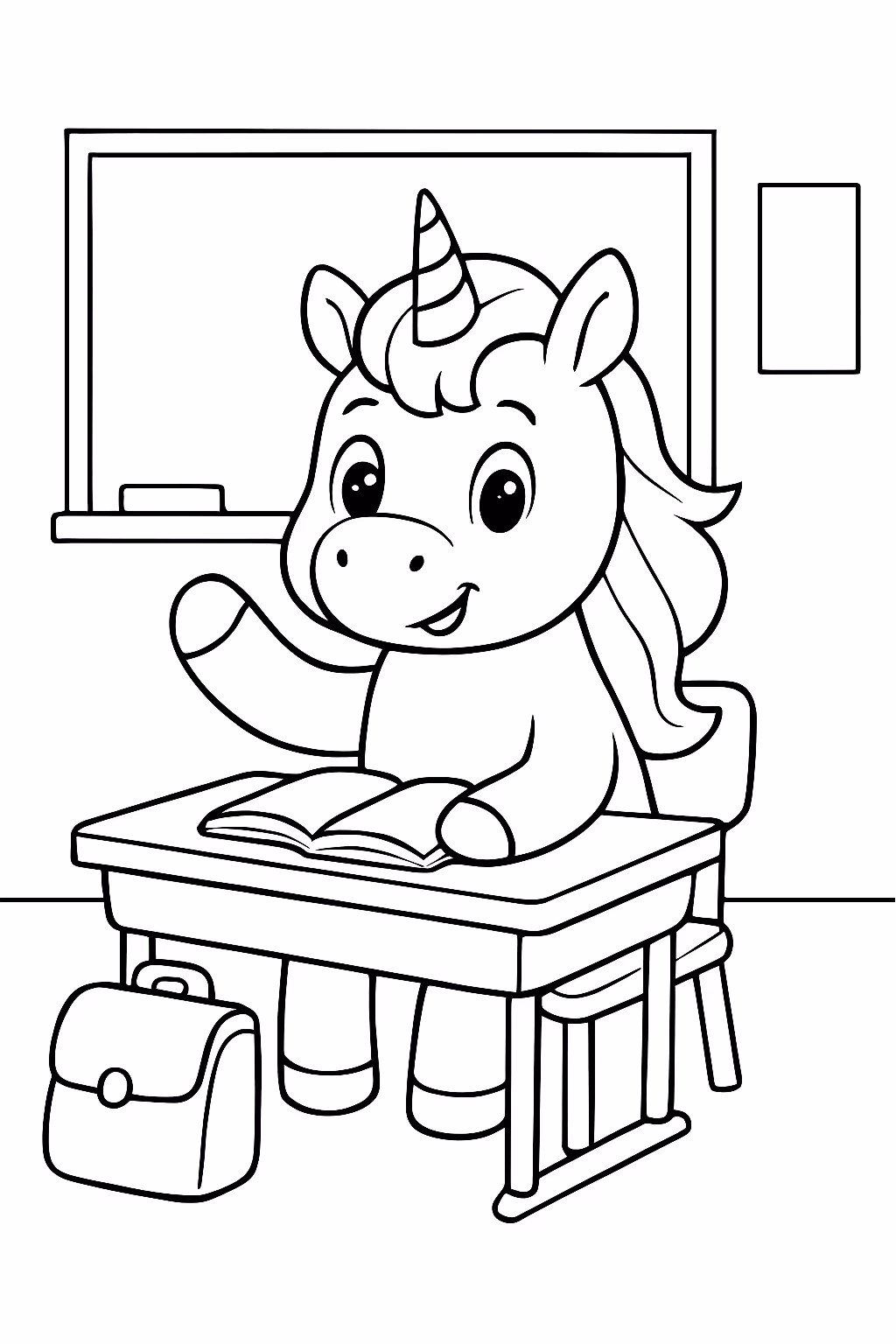 Unicornio na escola para colorir — desenho para imprimir