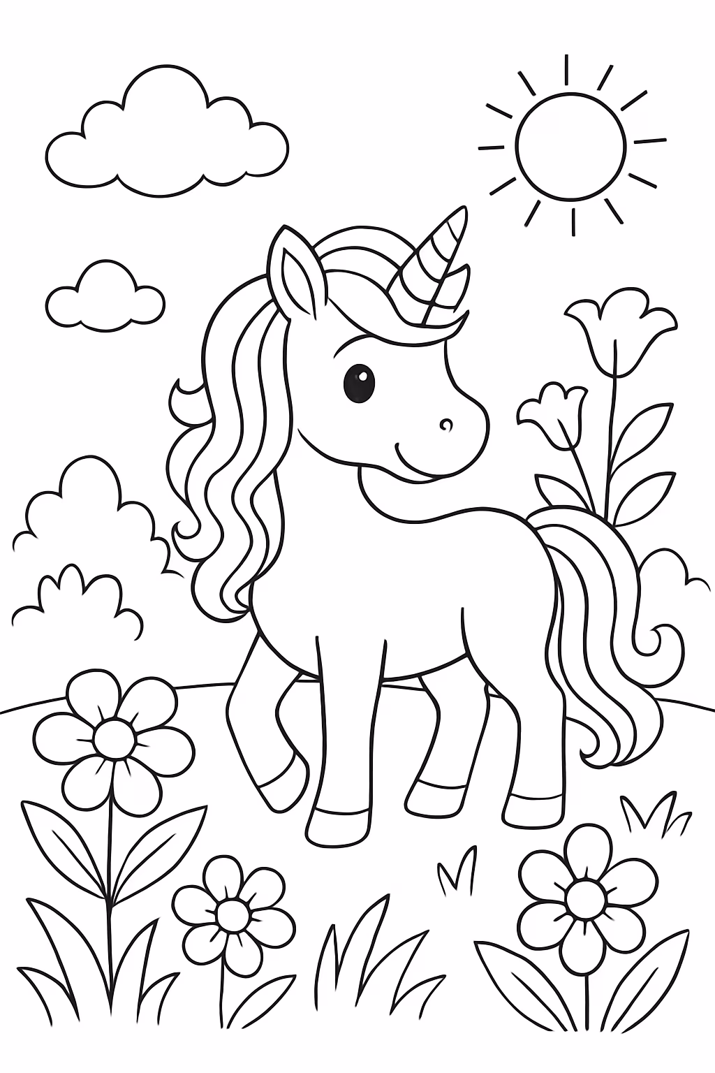 Unicornio no jardim para colorir — desenho para imprimir