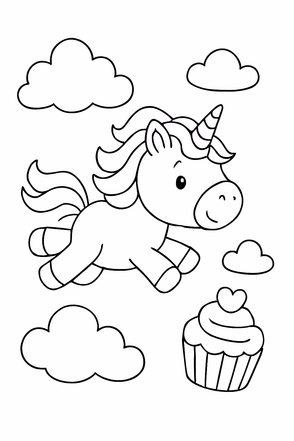 Unicornio voando pelo ceu e cupcake para colorir — desenho para imprimir