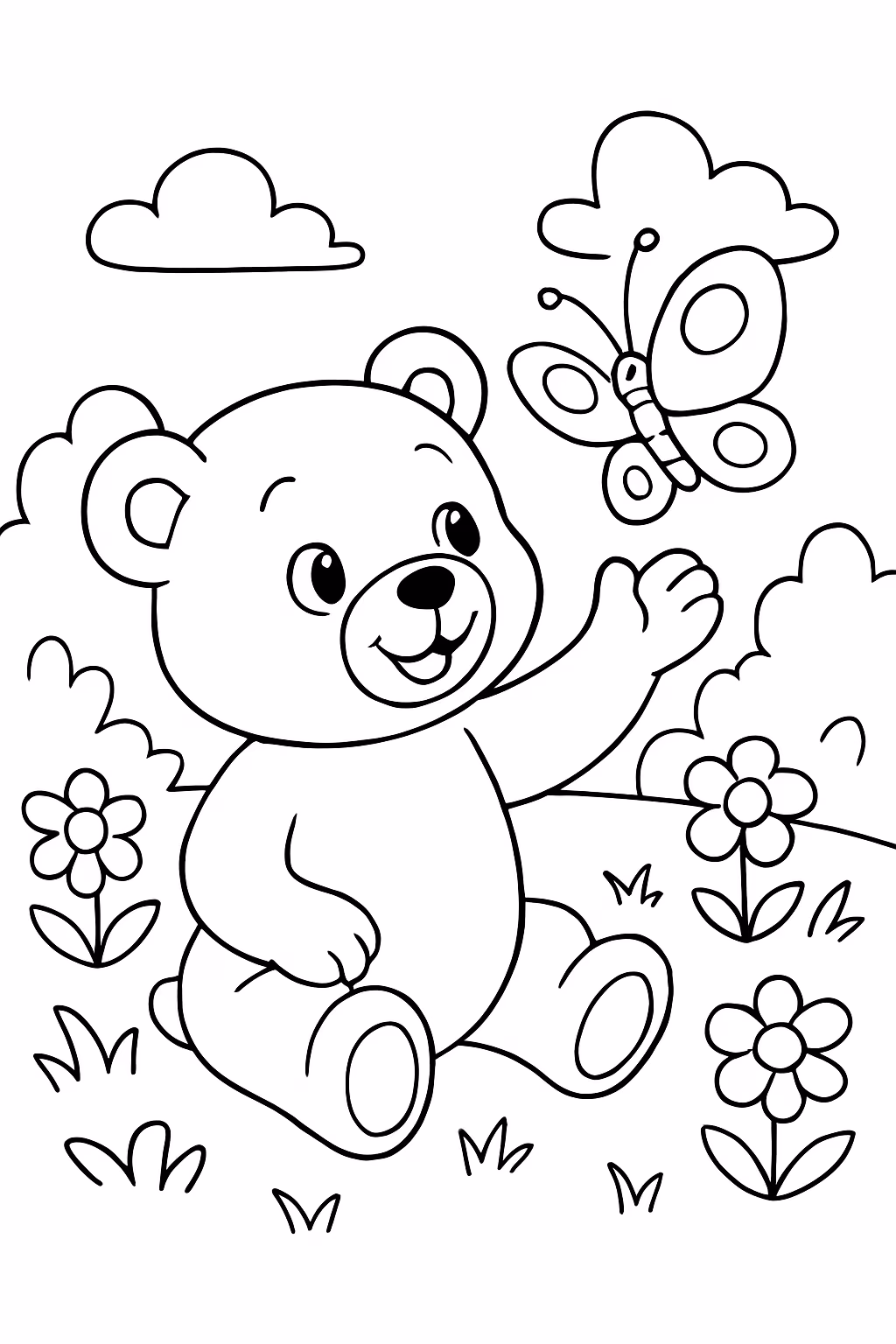 Ursinho com borboleta no jardim para colorir — desenho para imprimir