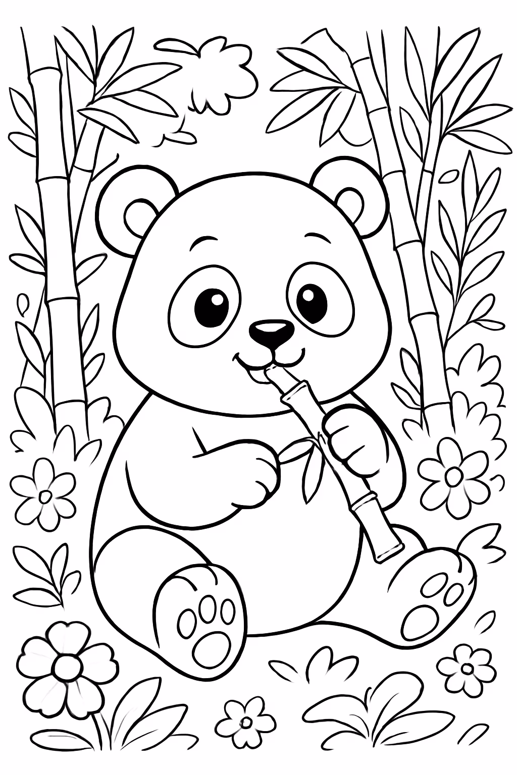 Urso panda fofo comendo bambu na floresta florida para colorir — desenho para imprimir