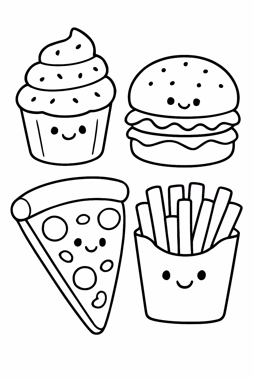 Varias comidinhas em miniatura para colorir — desenho para imprimir