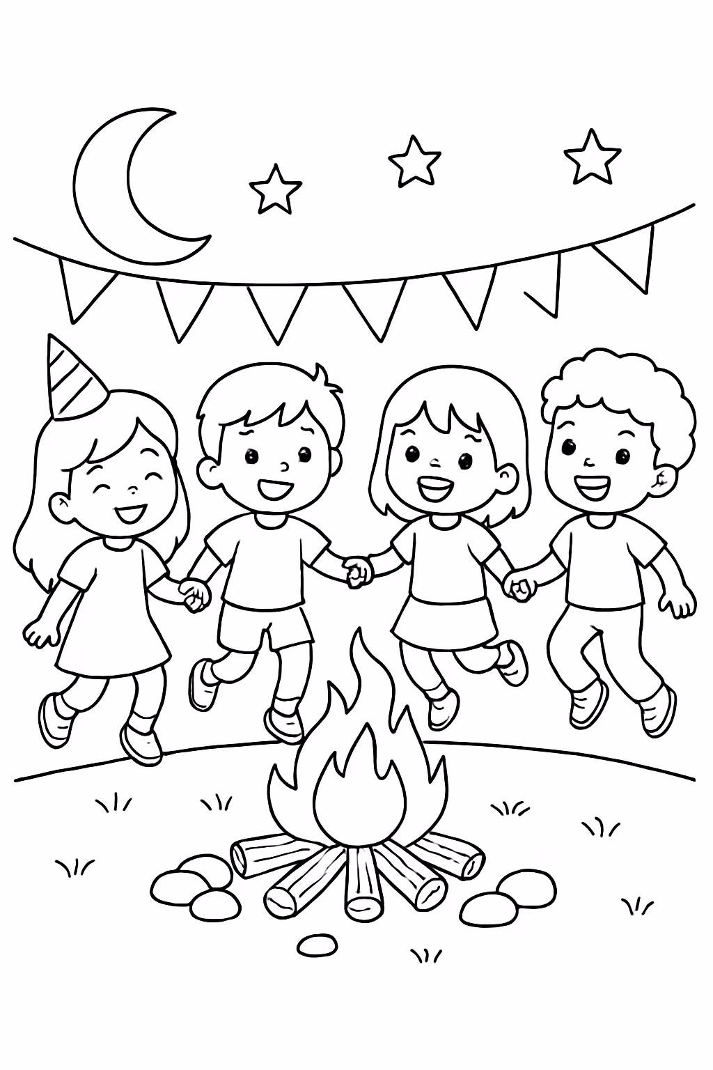 Varias fazendo festa e pulando fogueira para colorir — desenho para imprimir