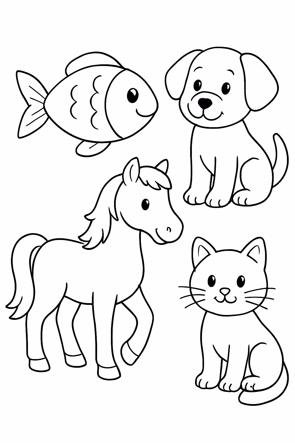 Varios animais contendo peixe cachorro cavalo e gato para colorir — desenho para imprimir