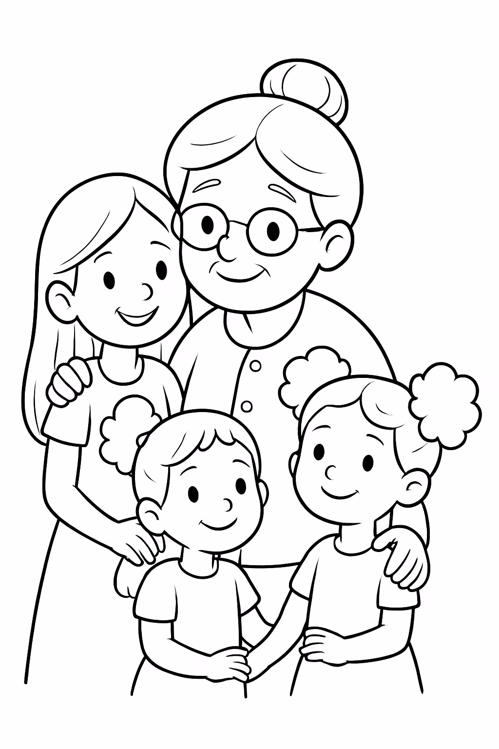 Vovo com coque e com suas uma menina crescida e para colorir — desenho para imprimir