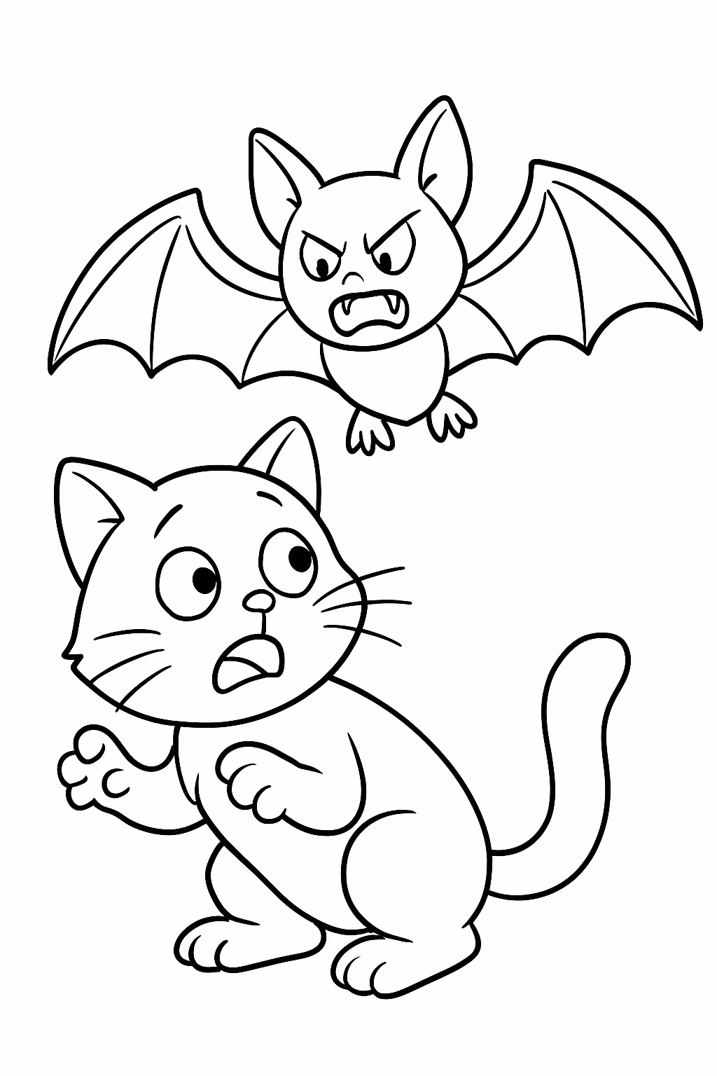 You gatinho assustado com morcego assustador para colorir — desenho para imprimir