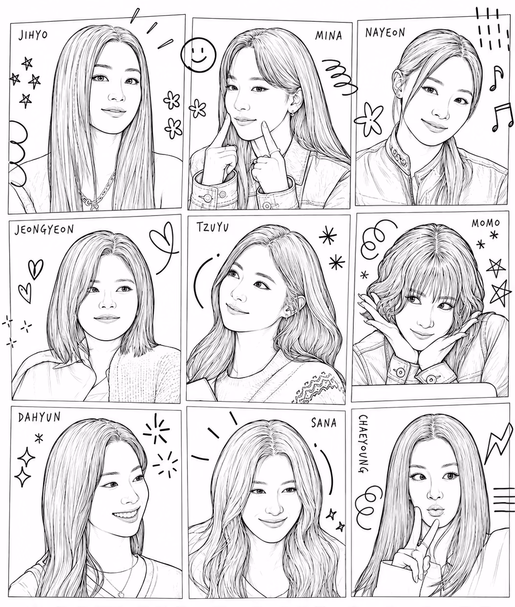 Twice para colorir — desenho para imprimir