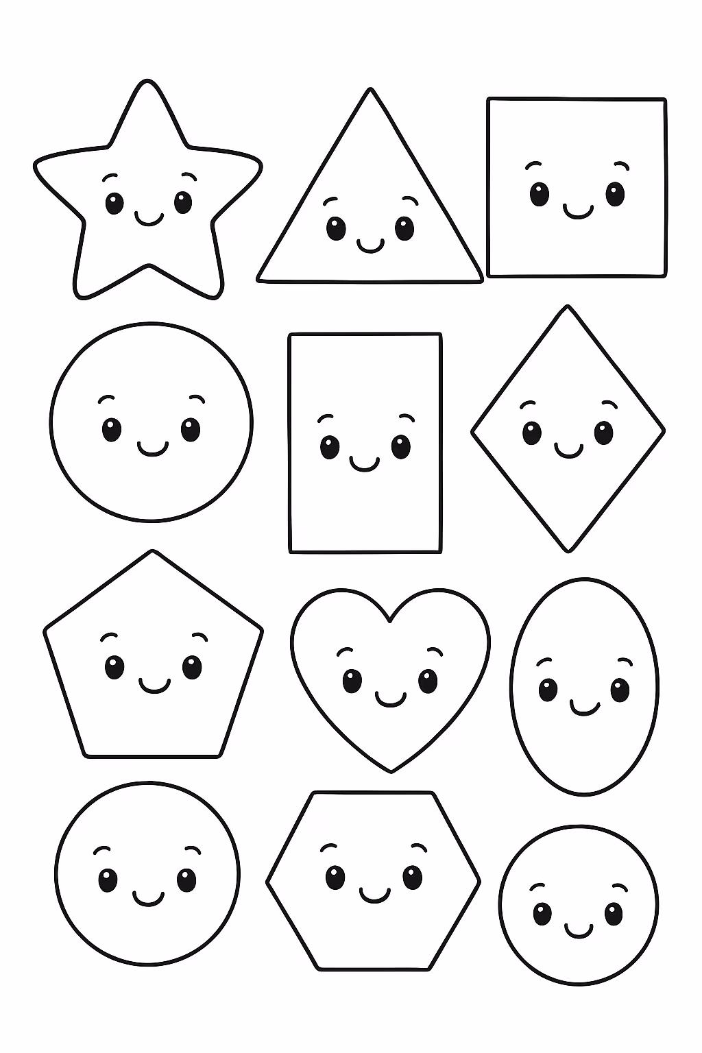 Formas geometricas com rostos fofinhos todos sem cobrir um ao para colorir — desenho para imprimir