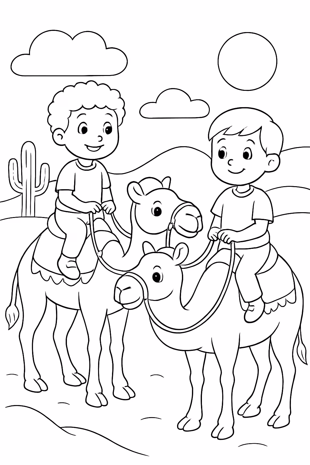 Camelos no deserto com um menino em cima de cada para colorir — desenho para imprimir