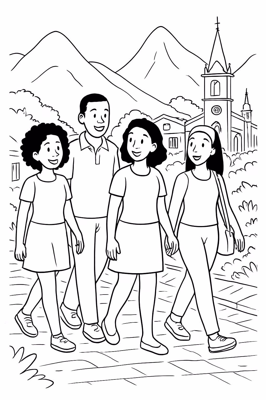 Homens negros e mulheres negras passeando em petropolis para colorir — desenho para imprimir