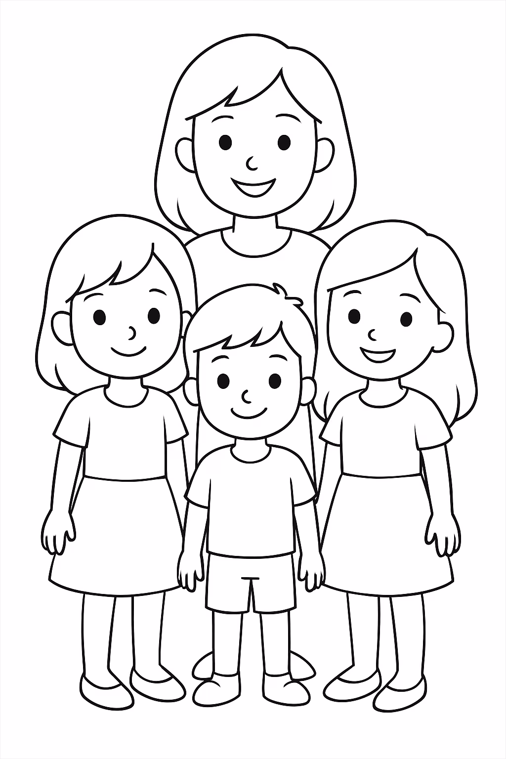 Meninas menino e uma mulher todos com tracos negros para colorir — desenho para imprimir
