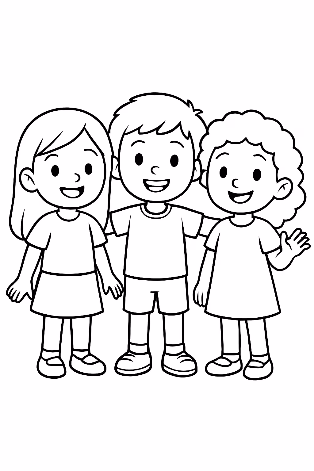Meninas e um menino para colorir — desenho para imprimir