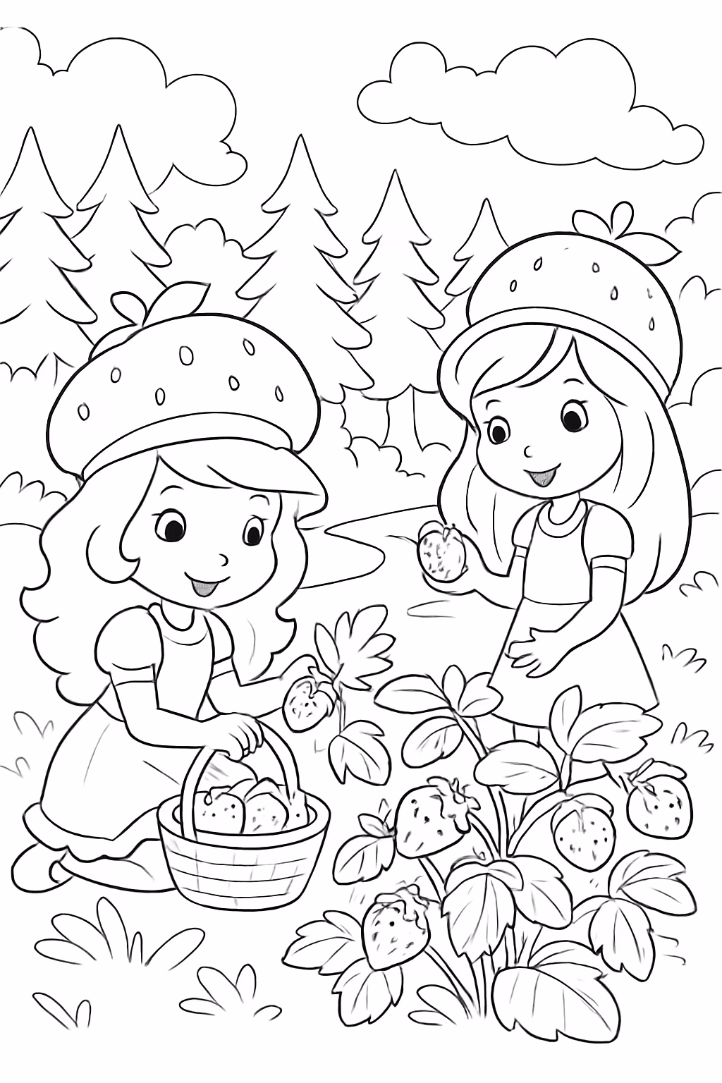 Meninas moranguinho na floresta colhendo morangos para colorir — desenho para imprimir