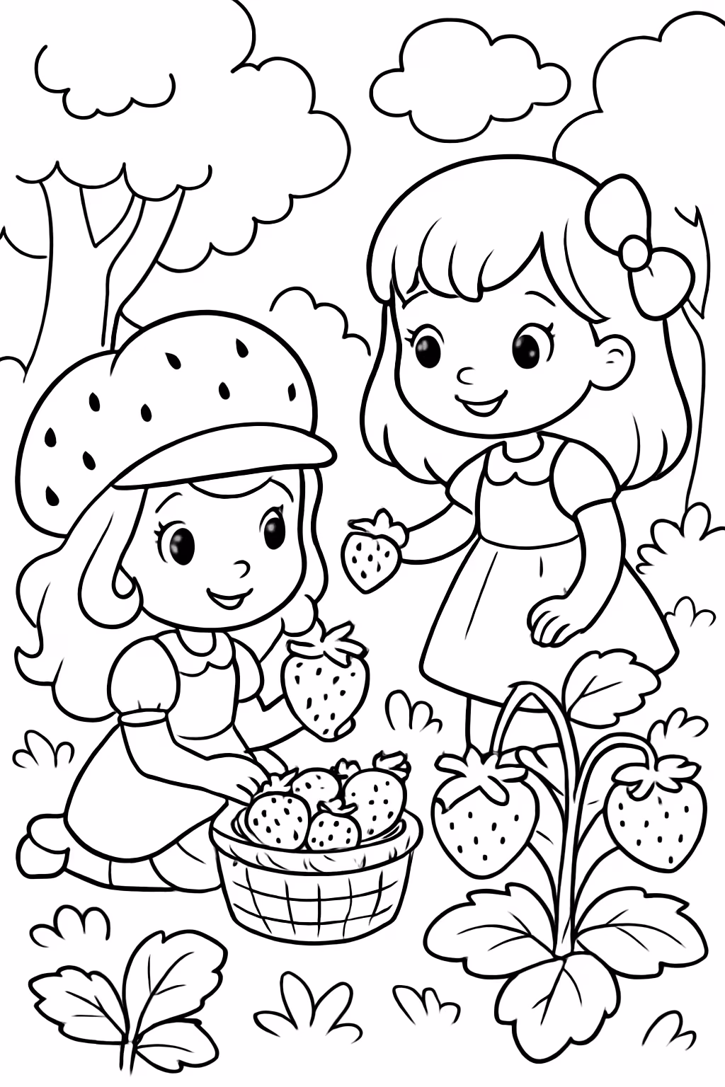 Meninas pequenas moranguinho na floresta colhendo morangos para colorir — desenho para imprimir