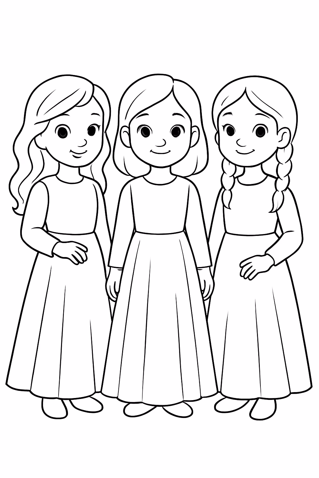 Meninas com saia longa e manga comprida para colorir — desenho para imprimir