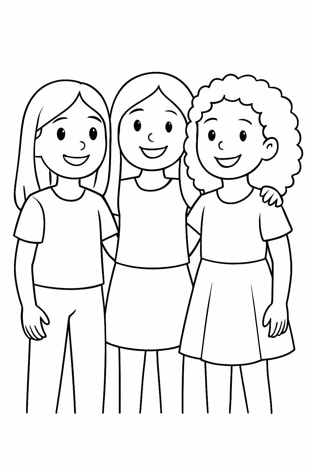 Meninas juntas a do lado direito tem cabelo cacheado e para colorir — desenho para imprimir