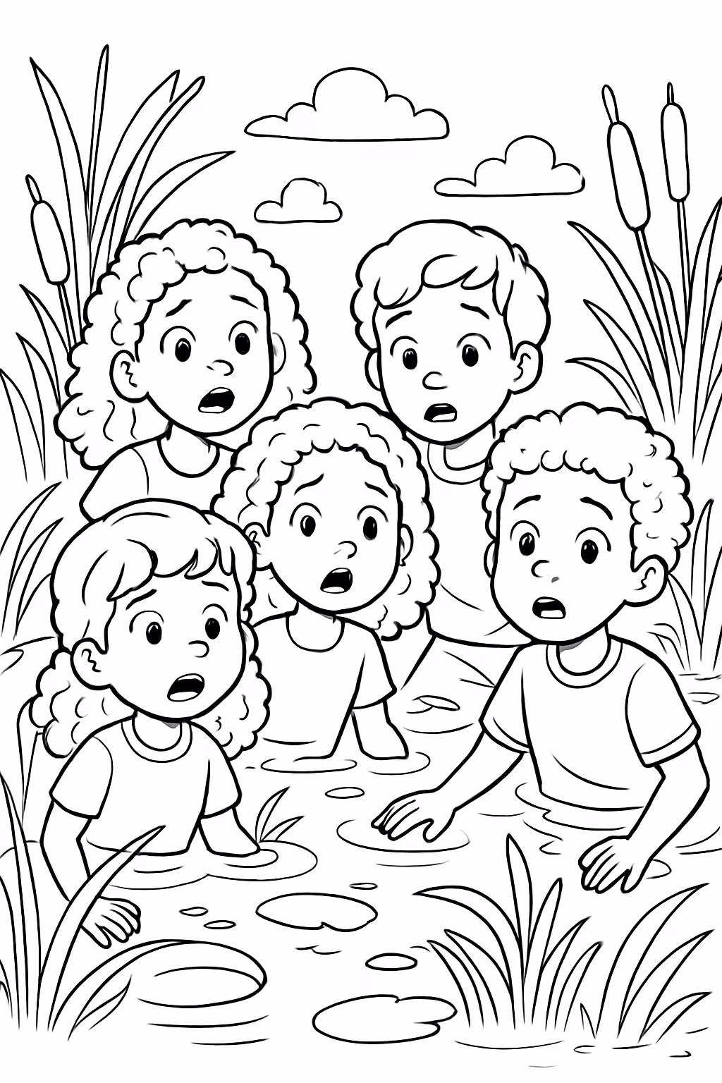 Criancas no pantano com cara de suspense meninas e meninos para colorir — desenho para imprimir