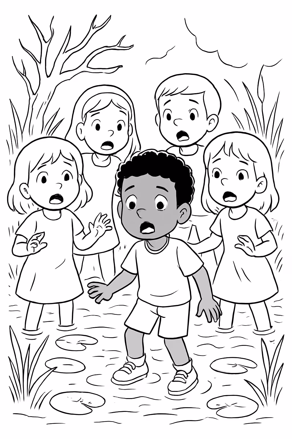 Criancas no pantano com cara de suspense incluir menino negrao para colorir — desenho para imprimir