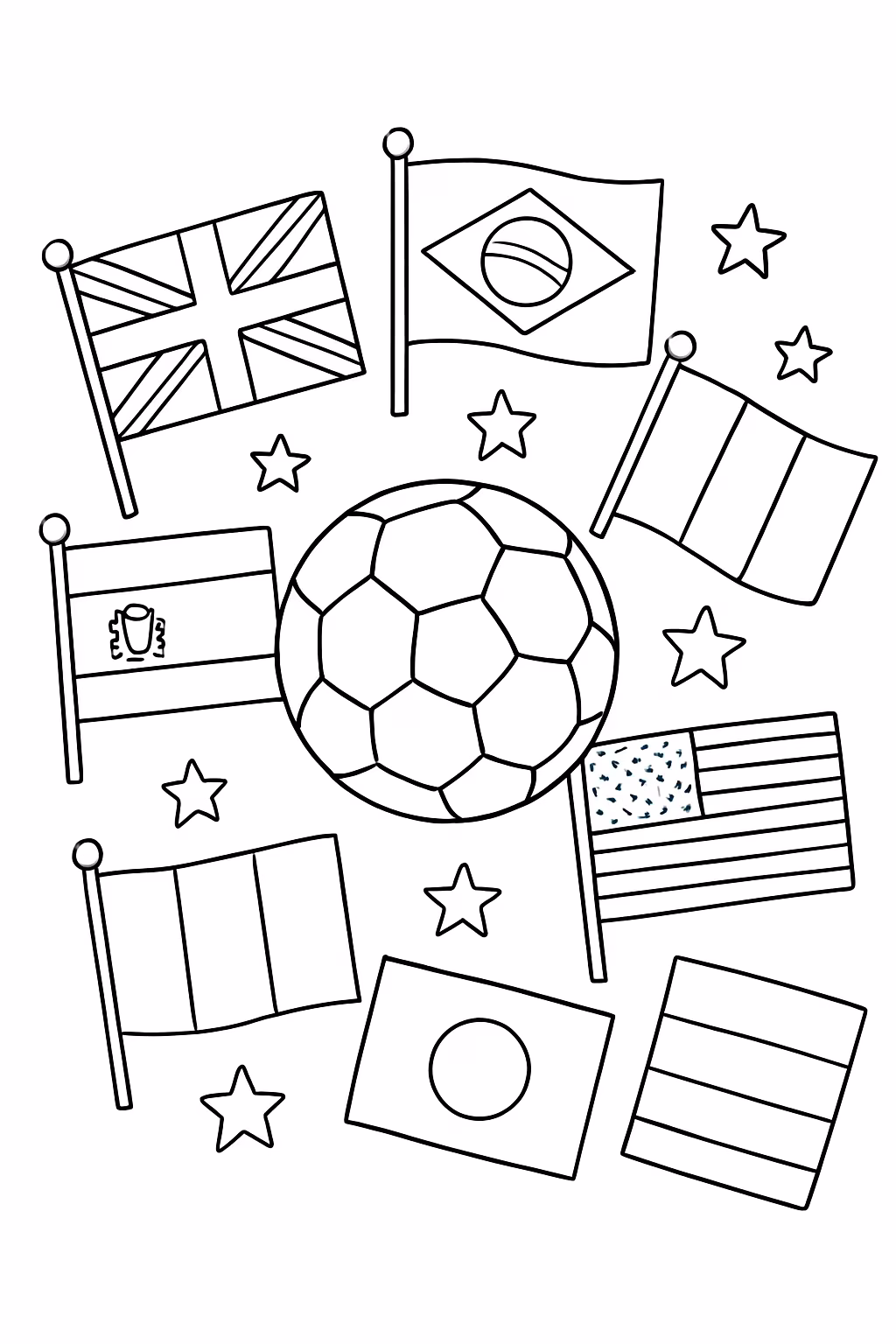 Bandeiras de paises diferentes com uma bola de futebol no para colorir — desenho para imprimir