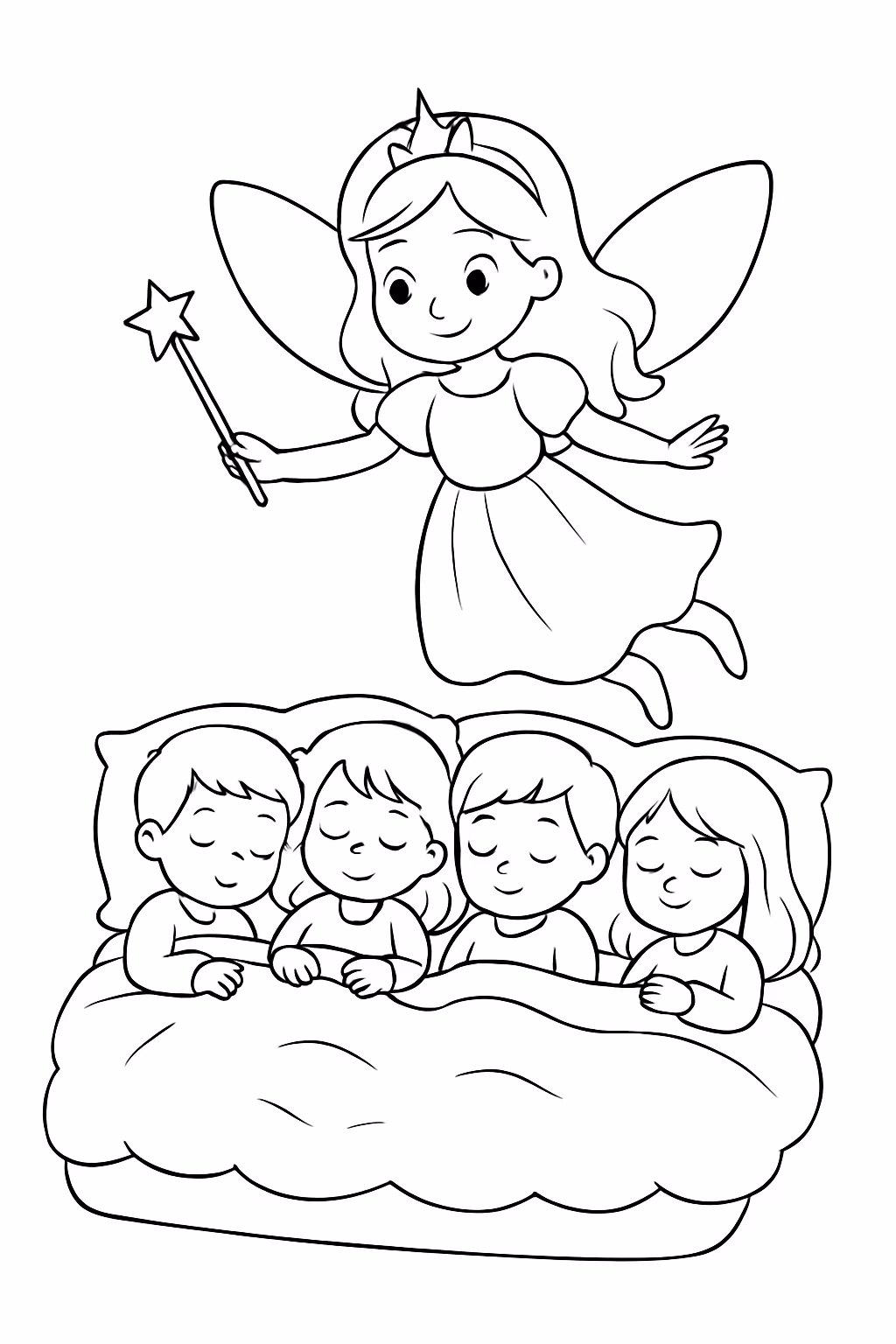A fada do dentre sobrevoando em uma um colchao com para colorir — desenho para imprimir