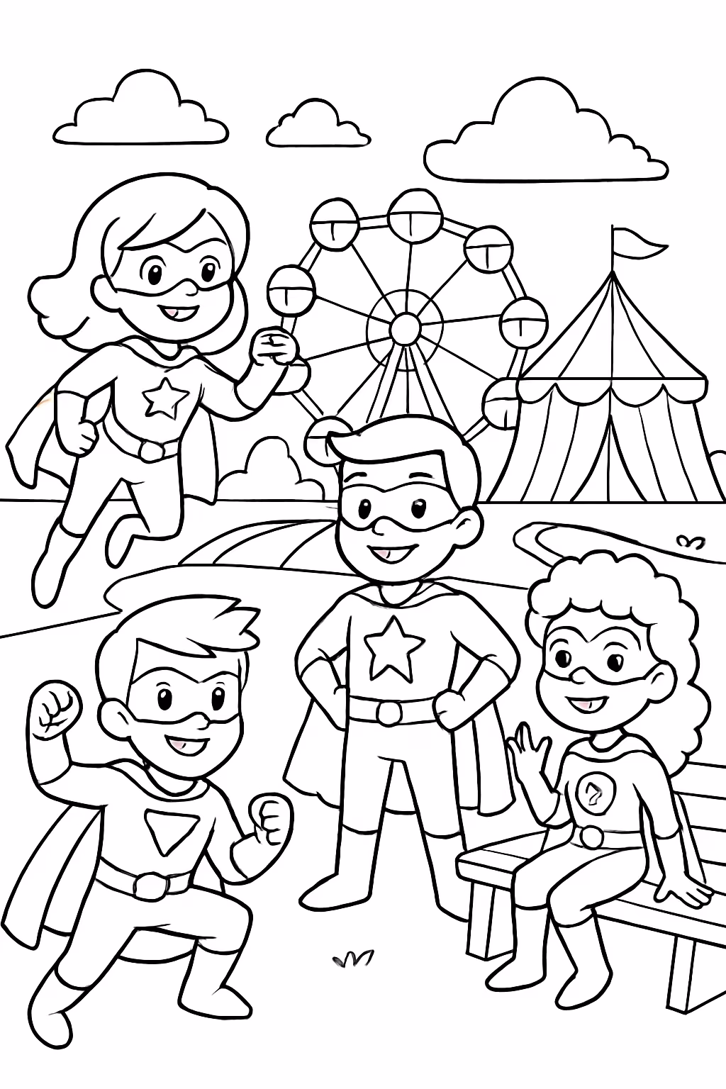 Alguns super herois em um parque de diversao para colorir — desenho para imprimir