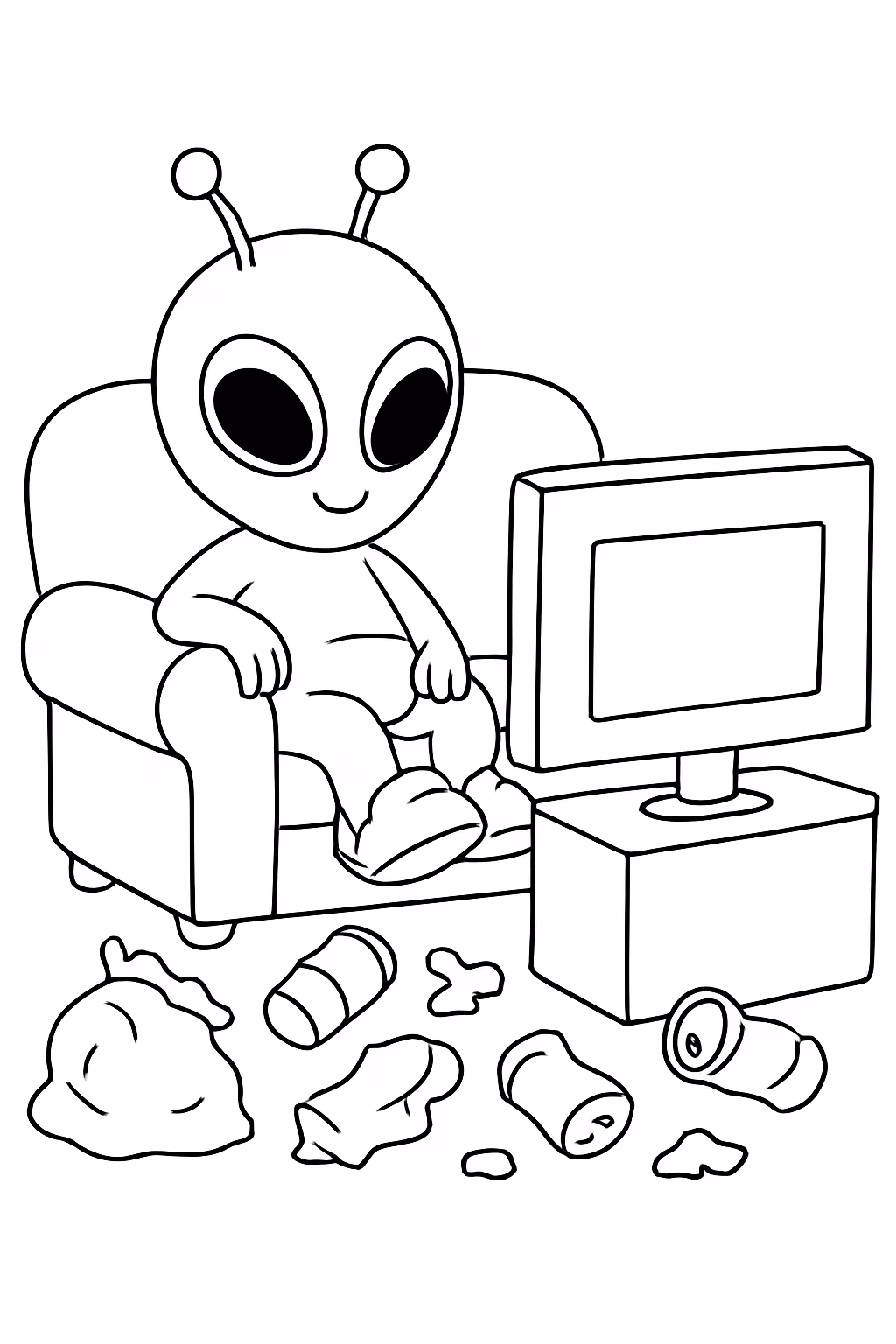Alien fofo sentado no sofa vendo tevelisao de ropao com para colorir — desenho para imprimir