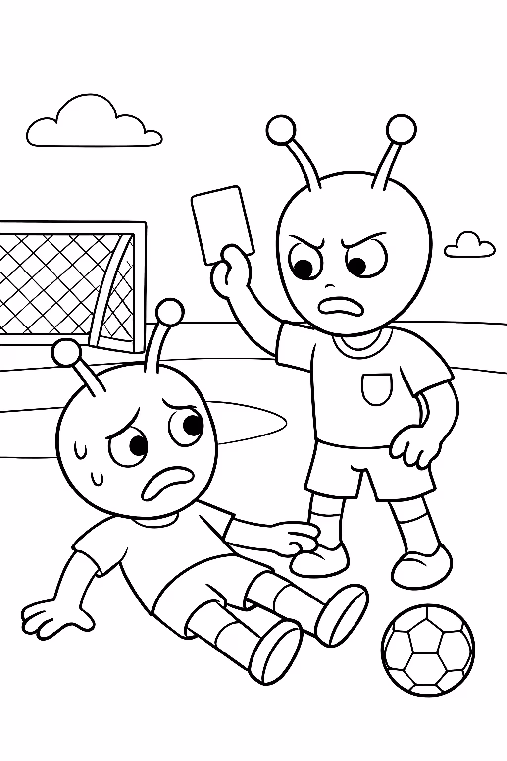Alien todo machucado no chao juiz dando cartao amarelo outro para colorir — desenho para imprimir
