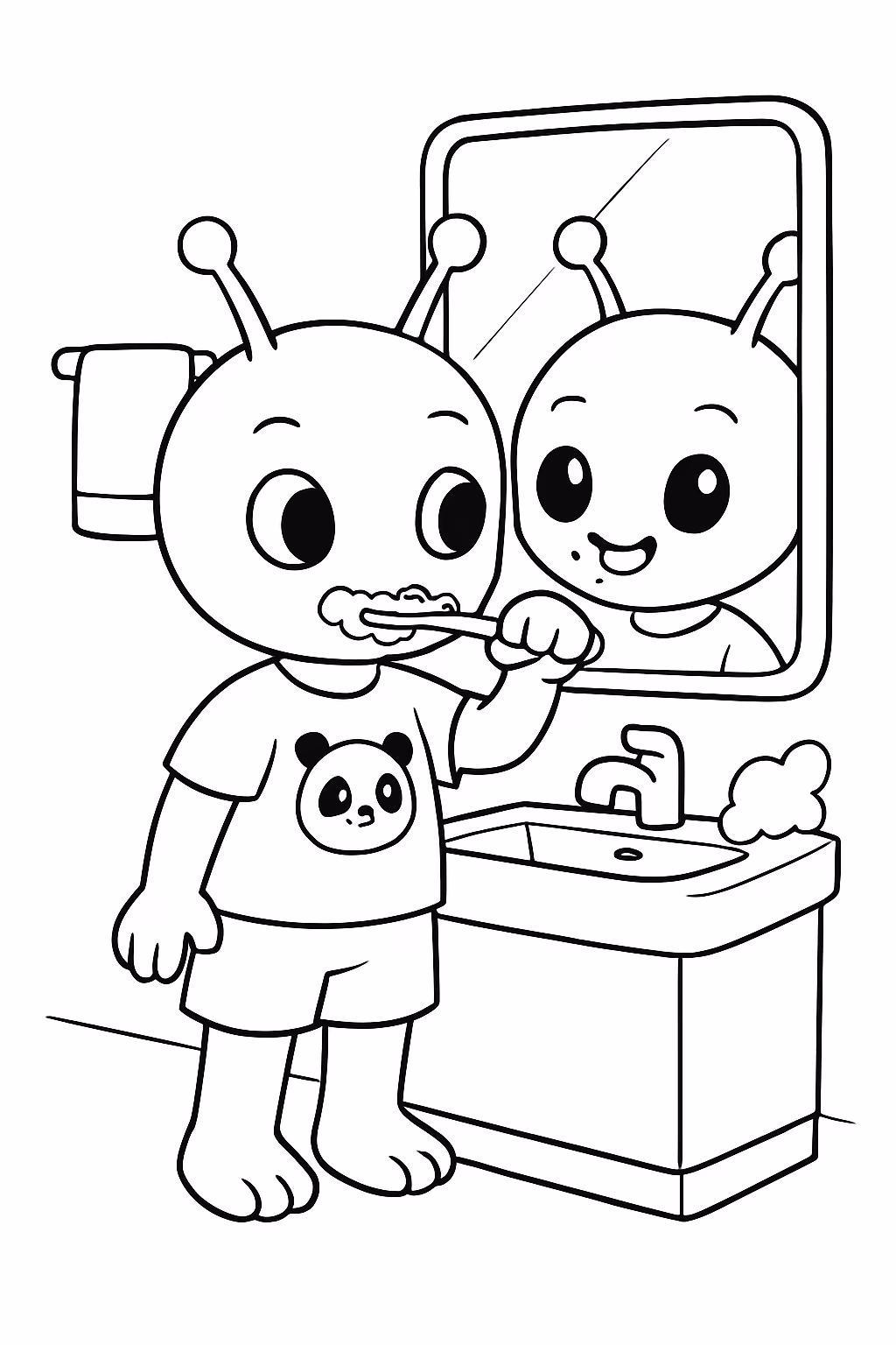 Alienigena fofo com uma roupa um short azul e uma para colorir — desenho para imprimir